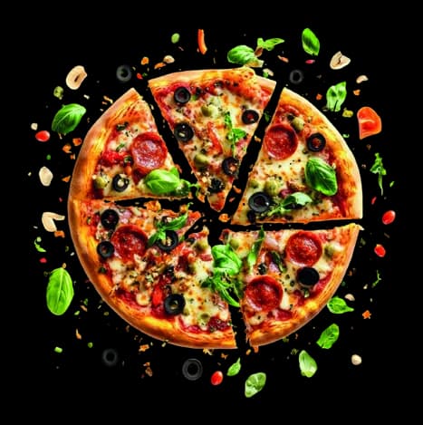 Frische Pizza mit Salami, Oliven und Basilikum